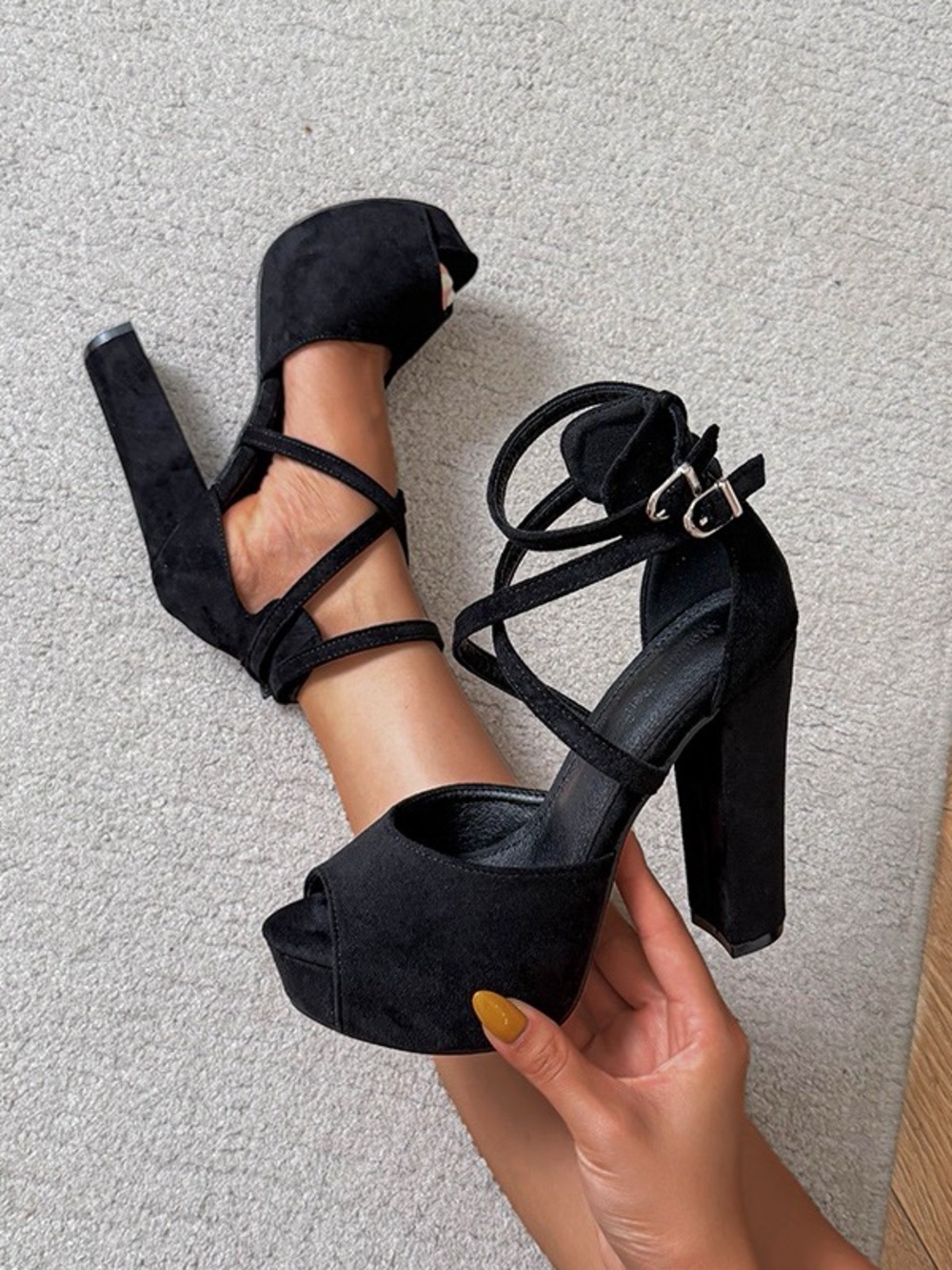 Women's Black Suede Platform Block Heel Sandals with Ankle Straps